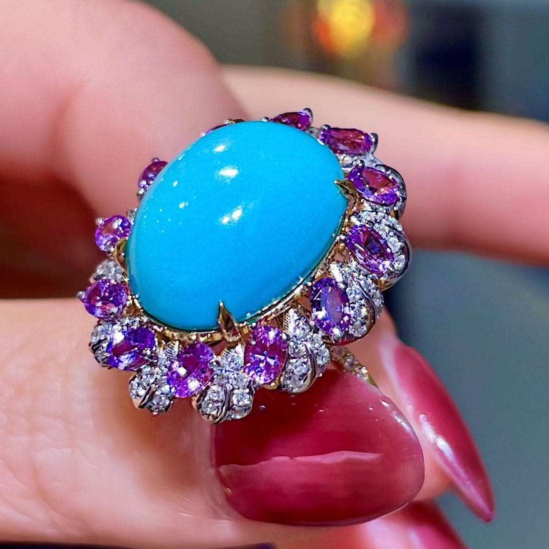 14k Gold 9.19 Ctw Natural Blue Turquoise & Sapphire Ring - 5