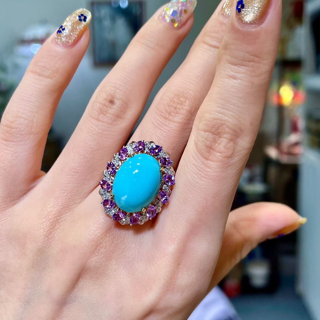 14k Gold 9.19 Ctw Natural Blue Turquoise & Sapphire Ring - 6