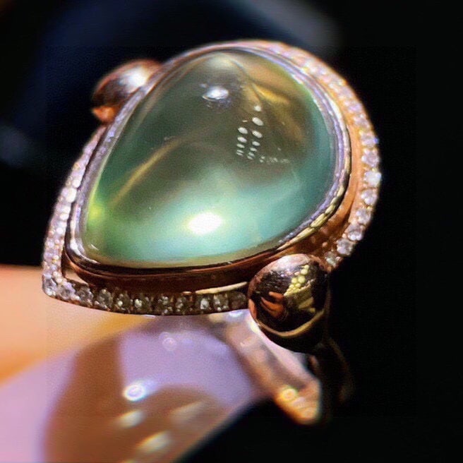 14k Gold 12 Ct Natural Prehnite & Diamond Ring - 4