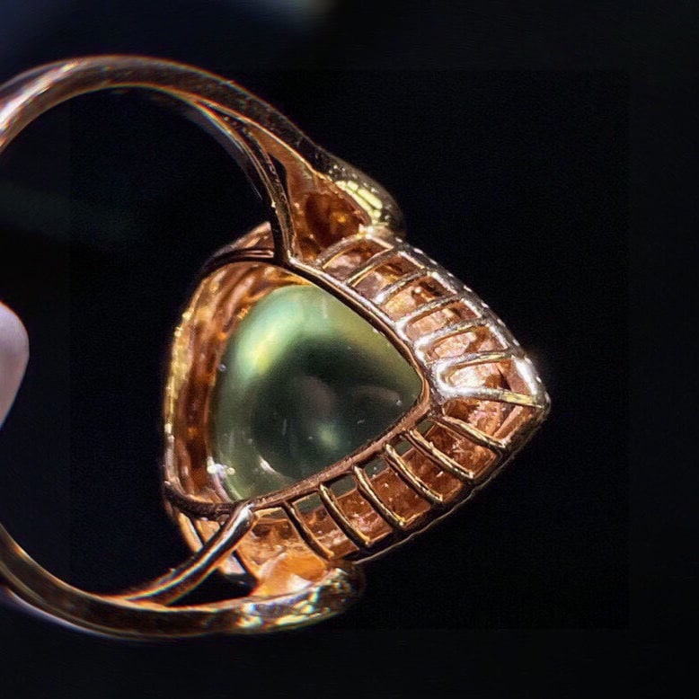 14k Gold 12 Ct Natural Prehnite & Diamond Ring - 5