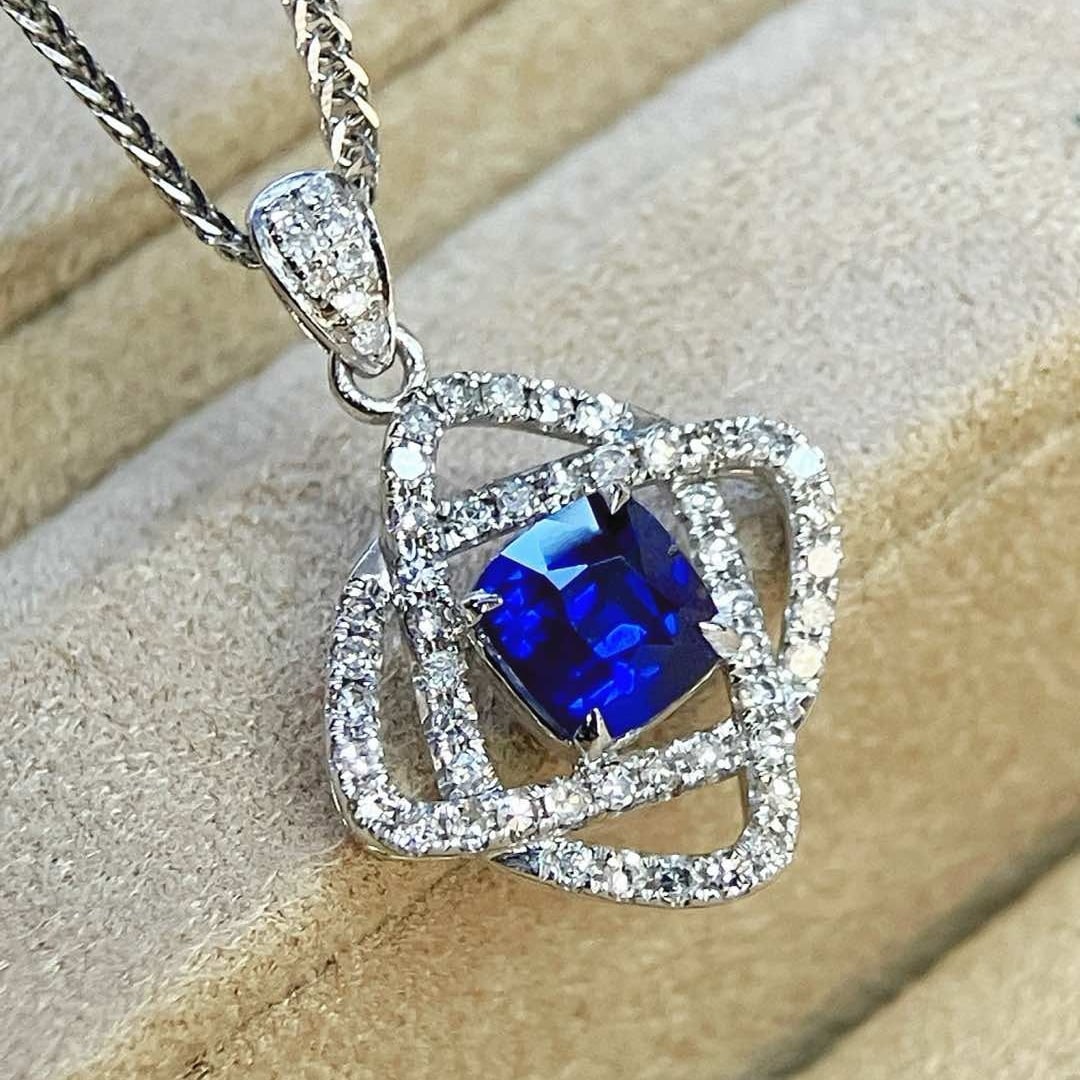 14k Gold 1.13 Ctw Natural Sapphire & Diamond Pendant( Without Chain ) - 2