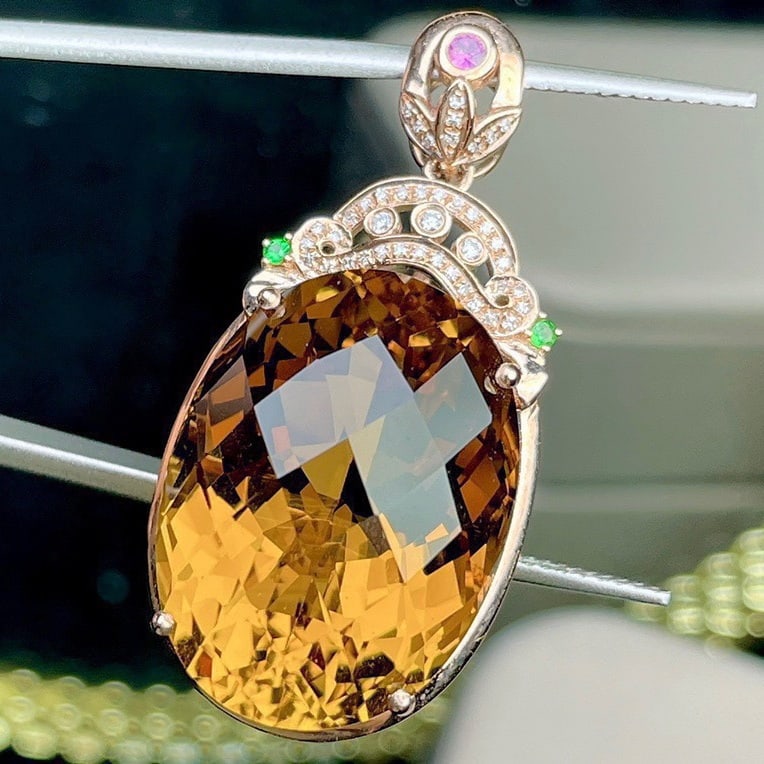 14k Gold 28.14 Ct Natural Citrine & Diamond Pendant( Without Chain ) - 2