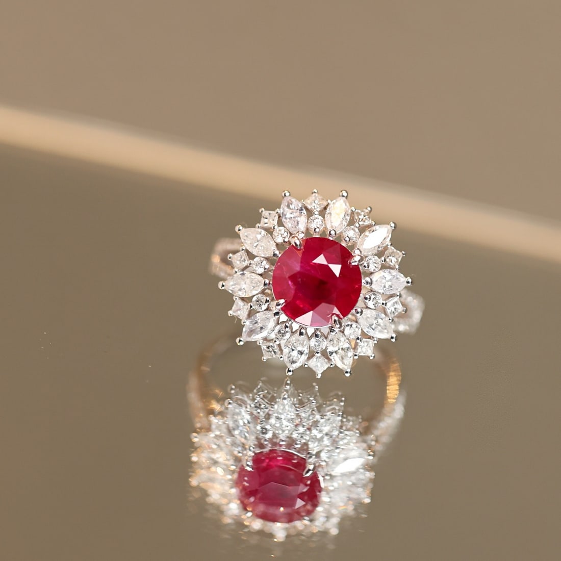 14k Gold 4.04 Ctw Natural Ruby & Diamond Ring: Ref:231110370 // gold content:14k gold // ring size:7. 25us // // main gemstone:ruby // shape:round // carat weight:2. 71ct // color:pigeonblood red // treatment:natural // cut grade:g // //