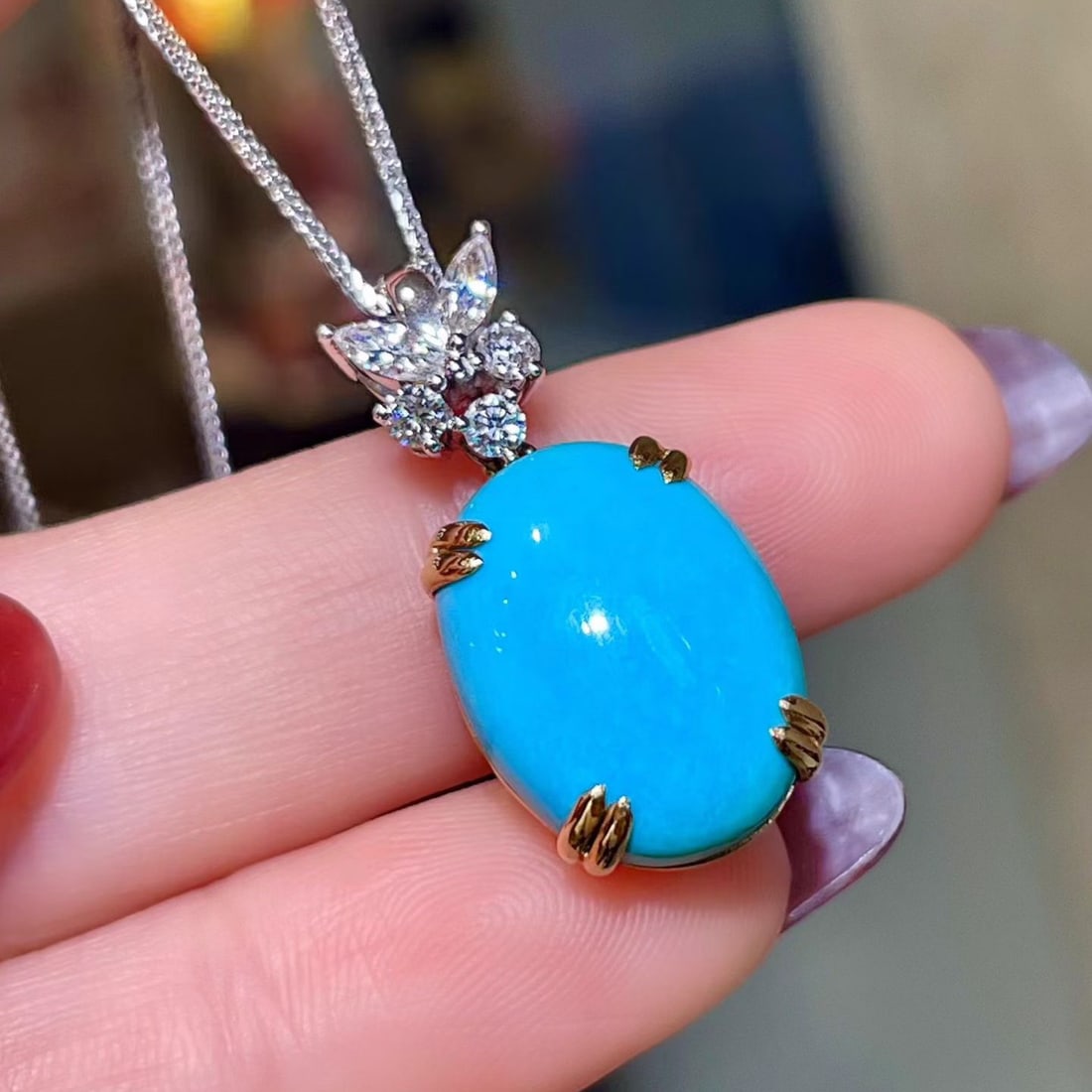 14k Gold 8.01 Ctw Natural Blue Turquoise & Diamond Pendant( Without Chain ) - 2