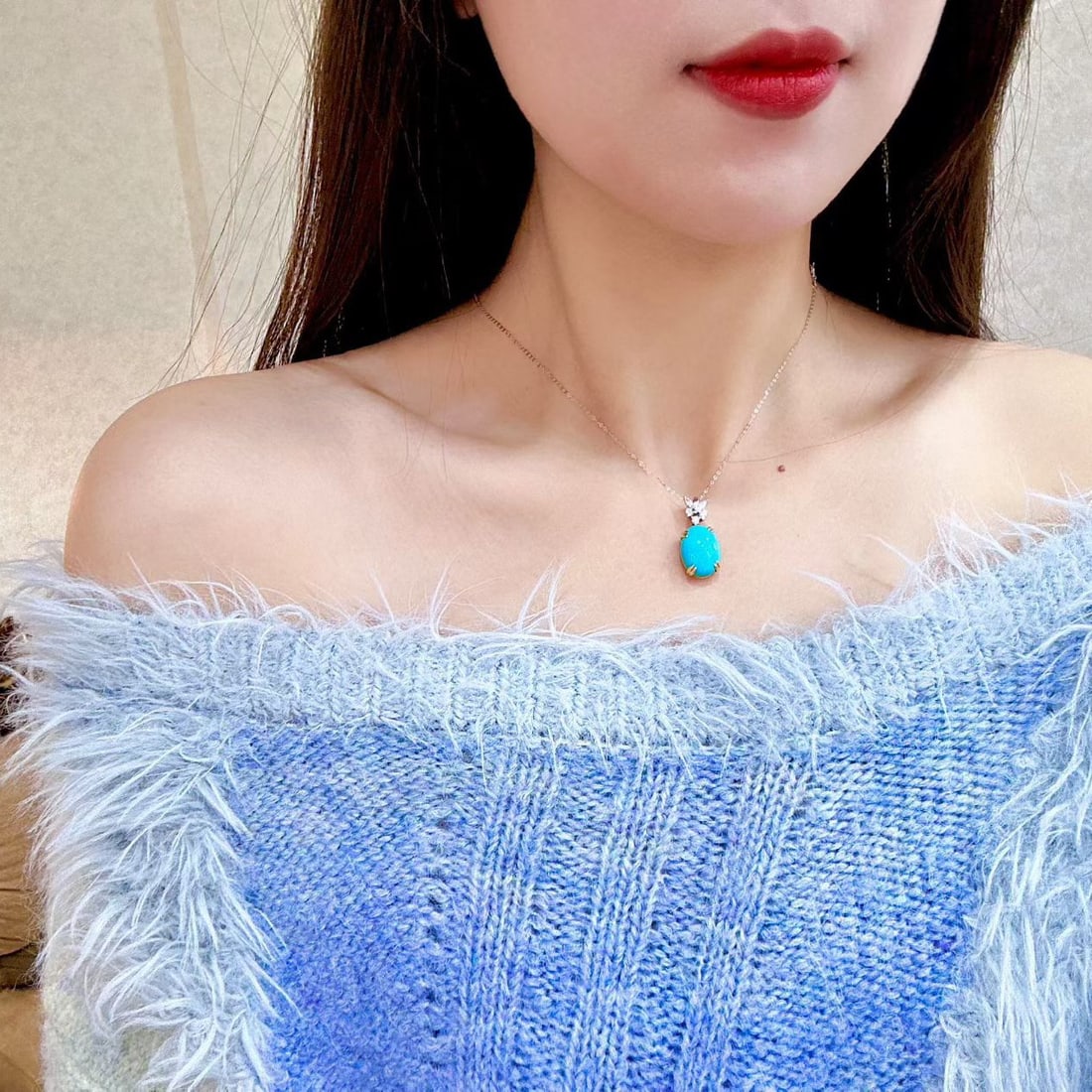 14k Gold 8.01 Ctw Natural Blue Turquoise & Diamond Pendant( Without Chain ) - 4