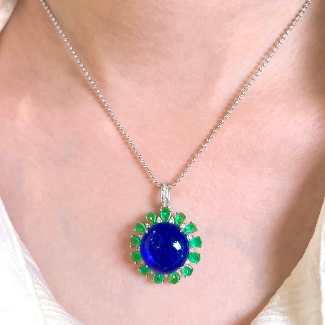 14k Gold 20.00 Ctw Natural Tanzanite & Emerald Pendant( Without Chain ) - 7