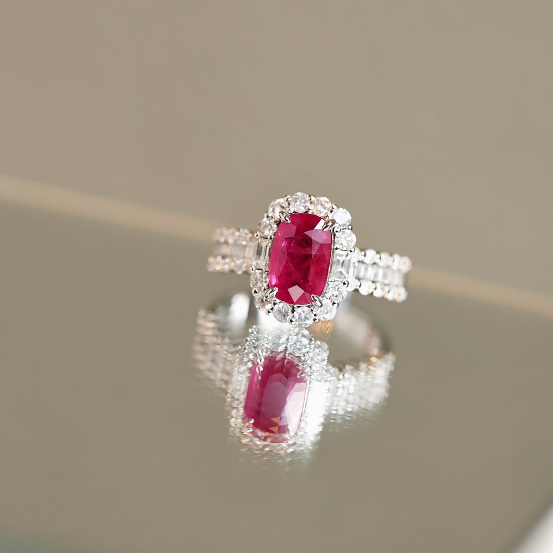 14k Gold 3.31 Ctw Natural Ruby & Diamond Ring: Ref:231110411 // gold content:14k gold // ring size:7. 25us // // main gemstone:ruby // shape:cushion // carat weight:2. 24ct // color:red // treatment:natural // // adjacent gemstone 2 : diamond