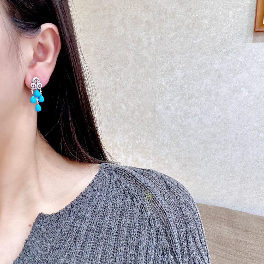 14k Gold 5.82 Ctw Natural Blue Turquoise & Diamond Earrings - 4