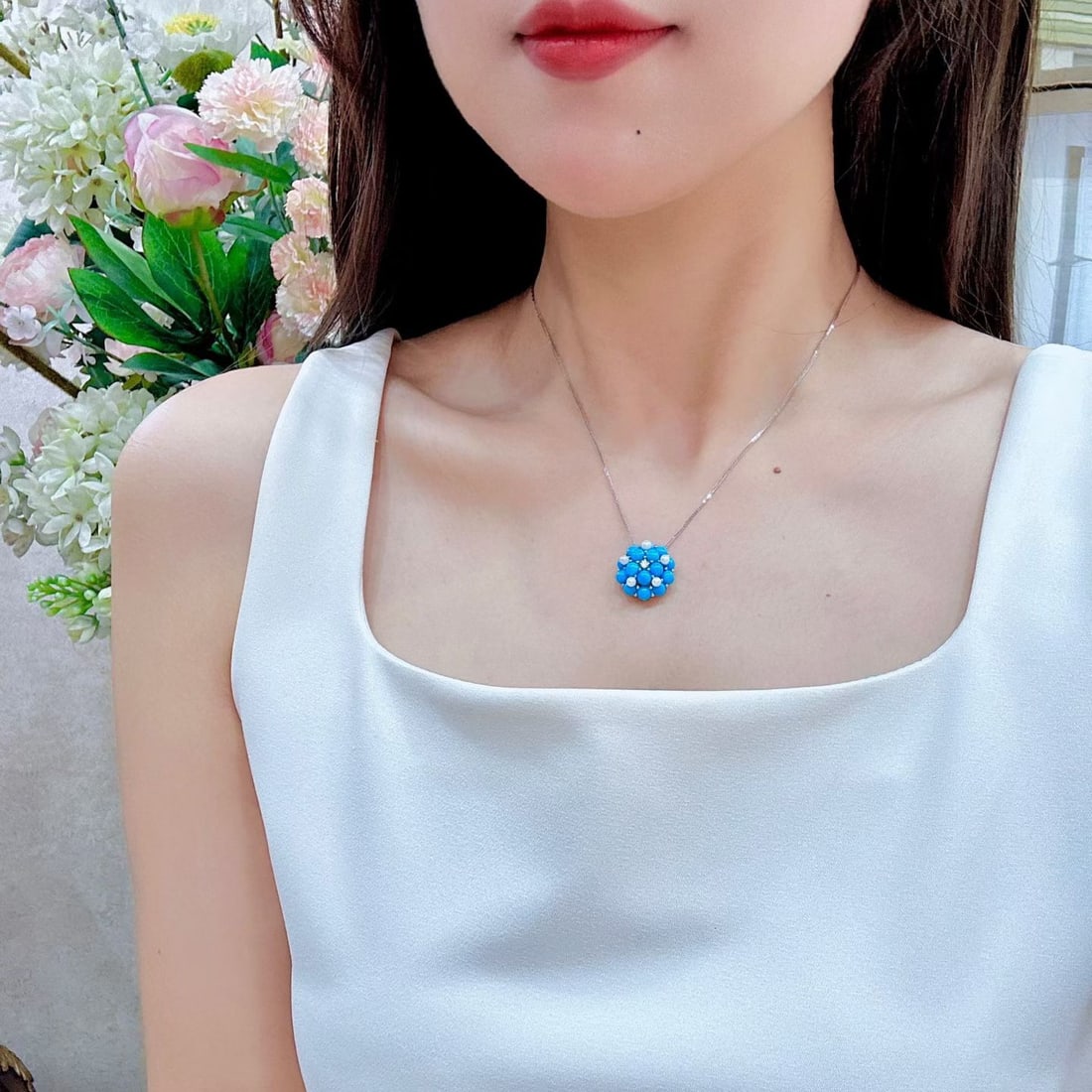 14k Gold 4.6 Ct Natural Blue Turquoise & Diamond Pendant( Without Chain ) - 2