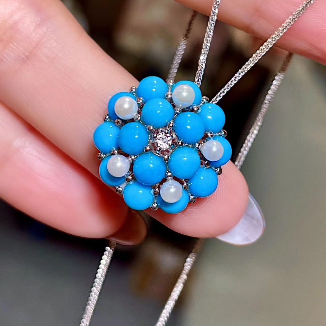 14k Gold 4.6 Ct Natural Blue Turquoise & Diamond Pendant( Without Chain ) - 4