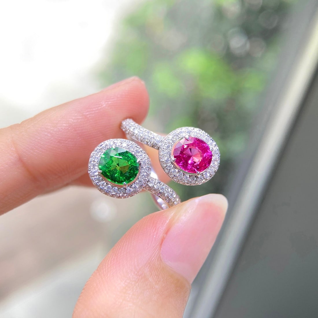 Express Shipping 18k Gold 2.74 Ctw Natural Sapphire & Tsavorite & Diamond & Toi Et Moi Ring - 2