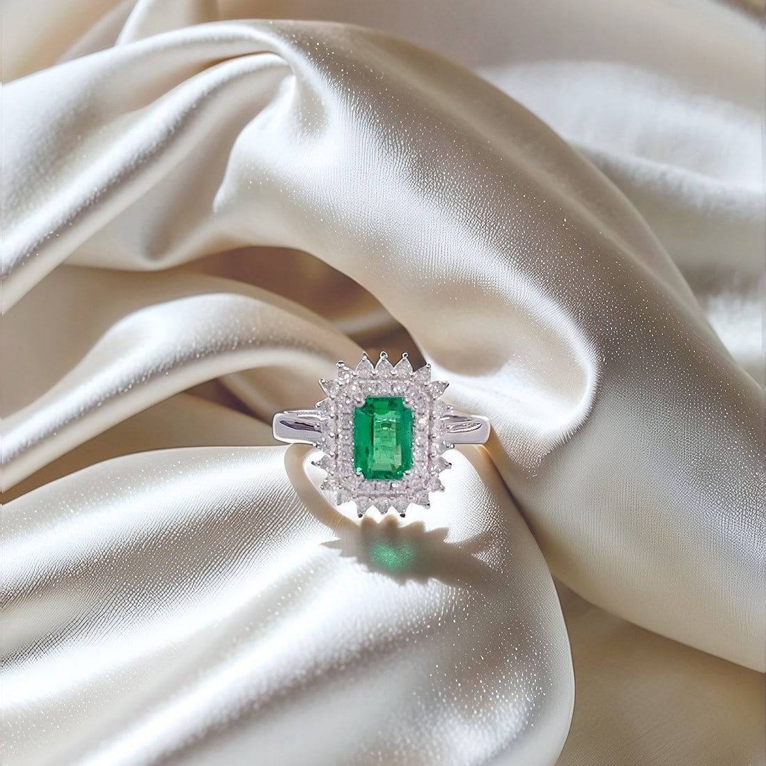 Express Shipping 18k Gold 1.22 Ctw Natural Emerald & Diamond Ring: Ref:25012 // gold content:18k gold // ring size:6. 25us // // main gemstone:emerald // shape:octagonal // carat weight:0. 81ct // color:green // treatment:natural // // adjacent gemstone 2 : diamond /