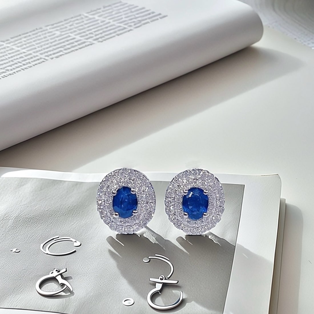 Express Shipping 18k Gold 1.28 Ctw Natural Sapphire & Diamond Earrings: Ref:25036 // gold content:18k gold // main gemstone:sapphire // shape:oval // carat weight:0. 84ct // color:blue // treatment:natural // // adjacent gemstone 2 : diamond // shape:round // carat
