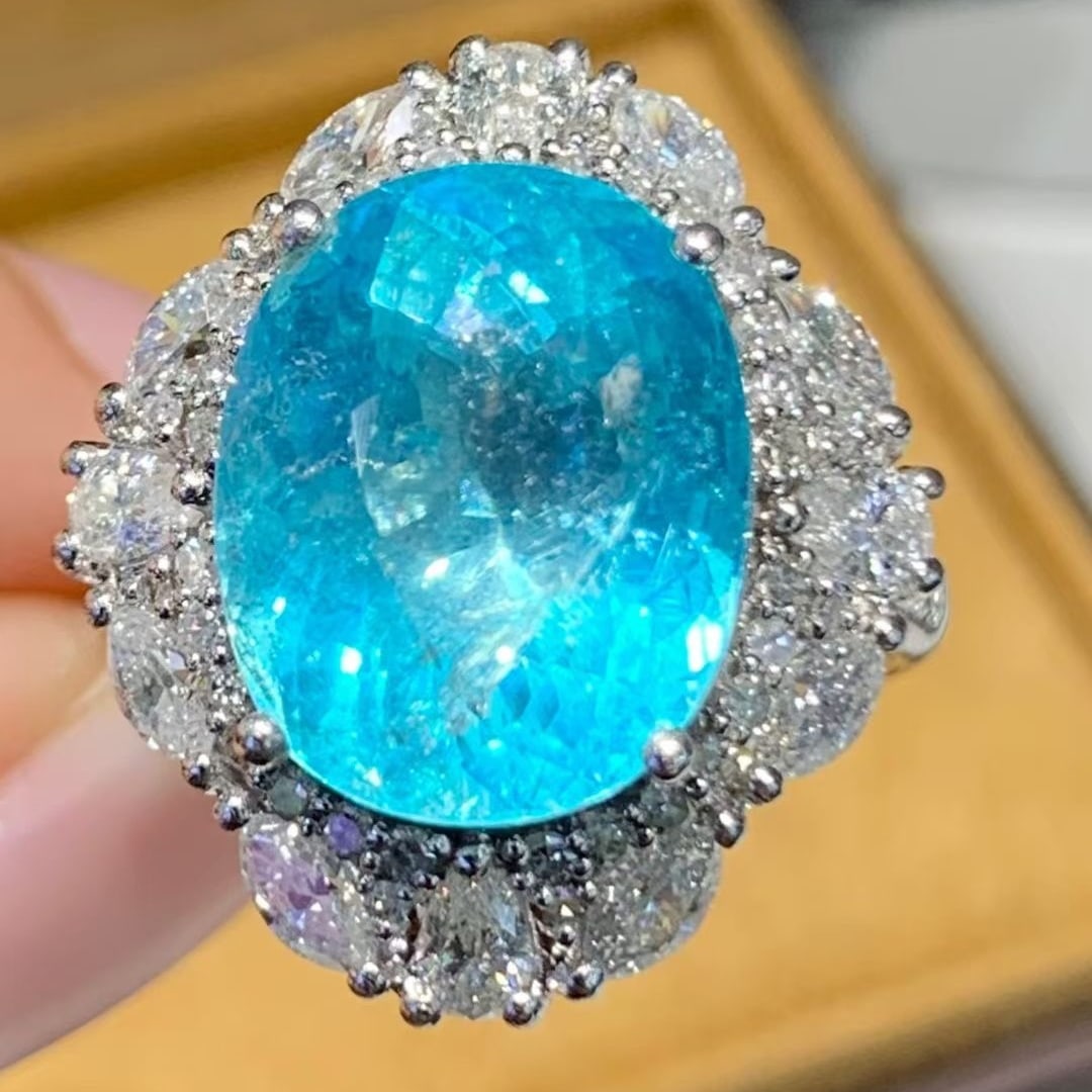14k Gold 8.6 Ct Natural Paraiba Tourmaline & Diamond Ring - 3
