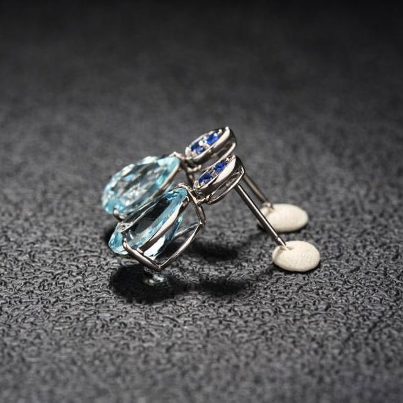 14k Gold 3.68 Ct Natural Aquamarine & Sapphire Earrings - 3