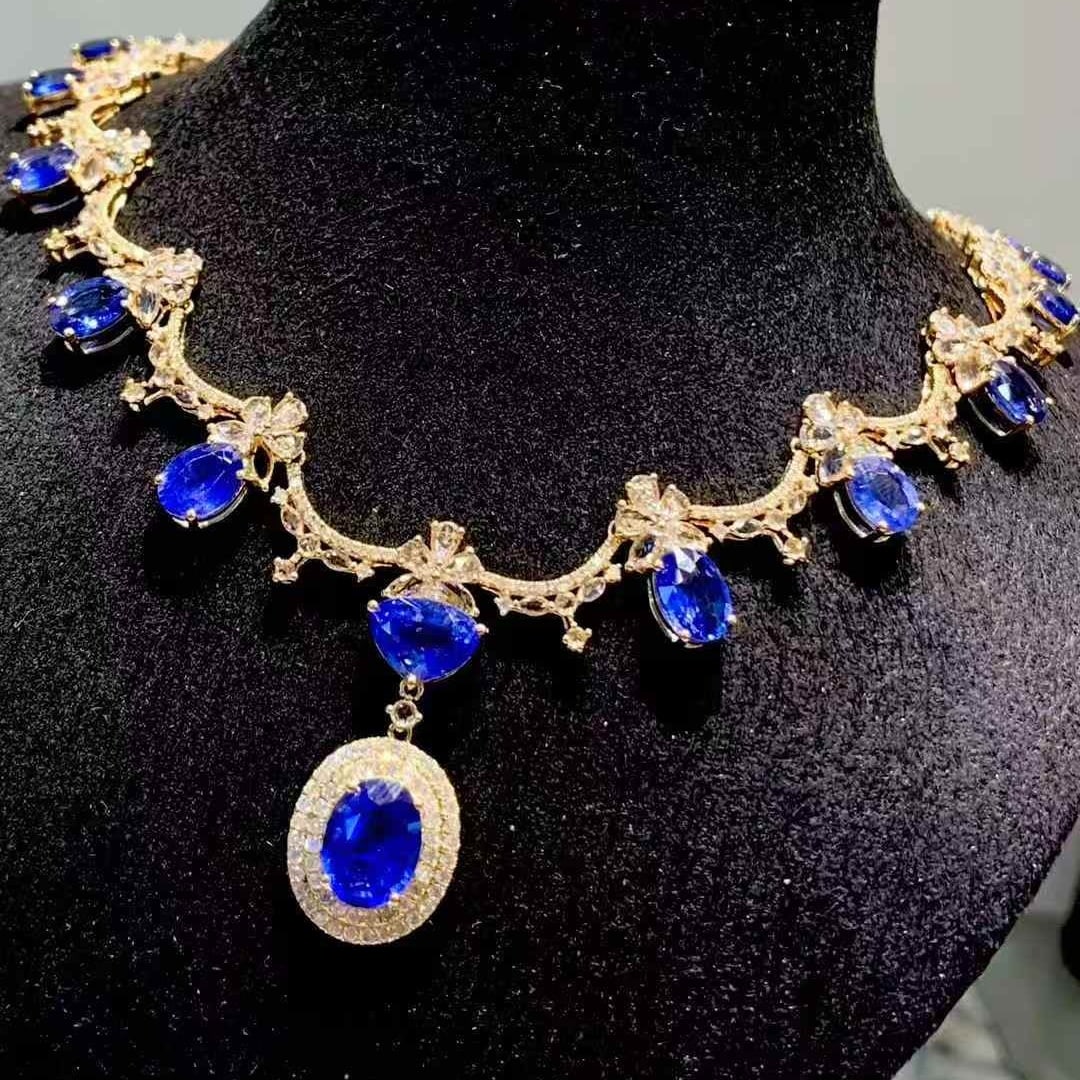 14k Gold 12.5 Ct Natural Sapphire & Diamond Necklace - 5