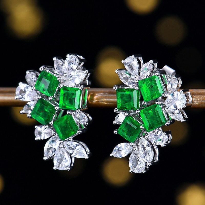 14k Gold 3.19 Ctw Vivid Green Natural Emerald & Sapphire Earrings - 2