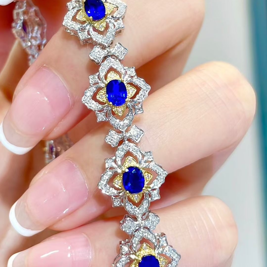 14k Gold 4.35 Ct Natural Sapphire & Diamond Bracelet - 2