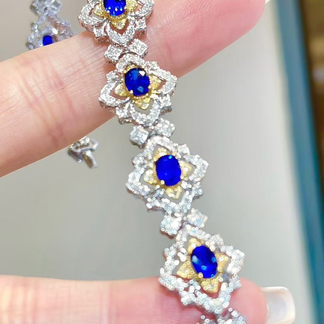 14k Gold 4.35 Ct Natural Sapphire & Diamond Bracelet - 3