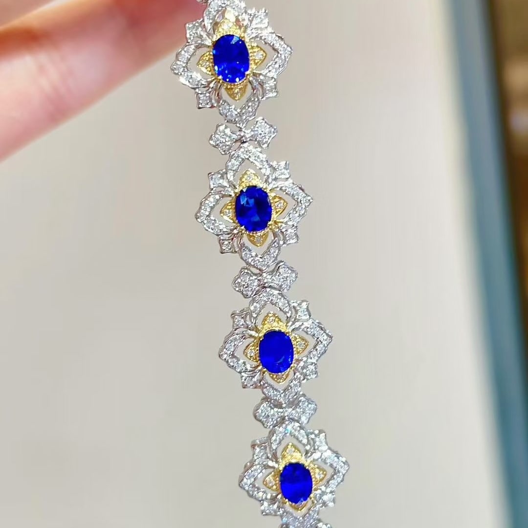 14k Gold 4.35 Ct Natural Sapphire & Diamond Bracelet - 6