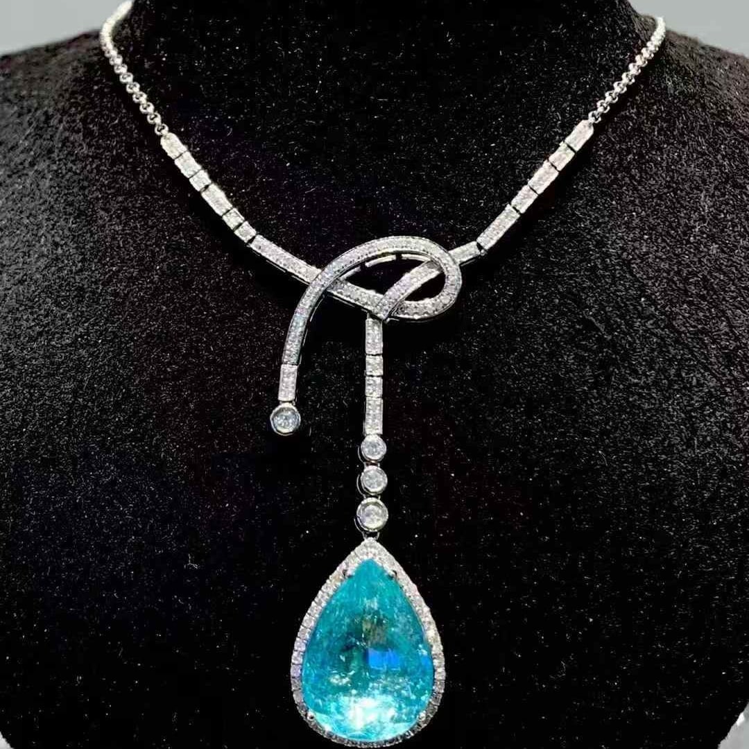 14k Gold 8.54 Ct Natural Paraiba Tourmaline & Diamond Necklace - 3