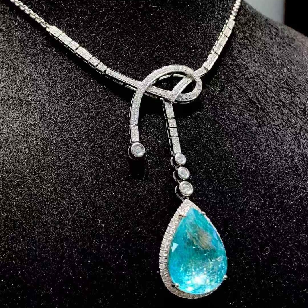 14k Gold 8.54 Ct Natural Paraiba Tourmaline & Diamond Necklace - 4