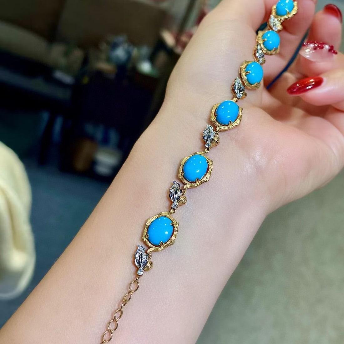 14k Gold 10.64 Ctw Natural Blue Turquoise & Diamond Bracelet - 4
