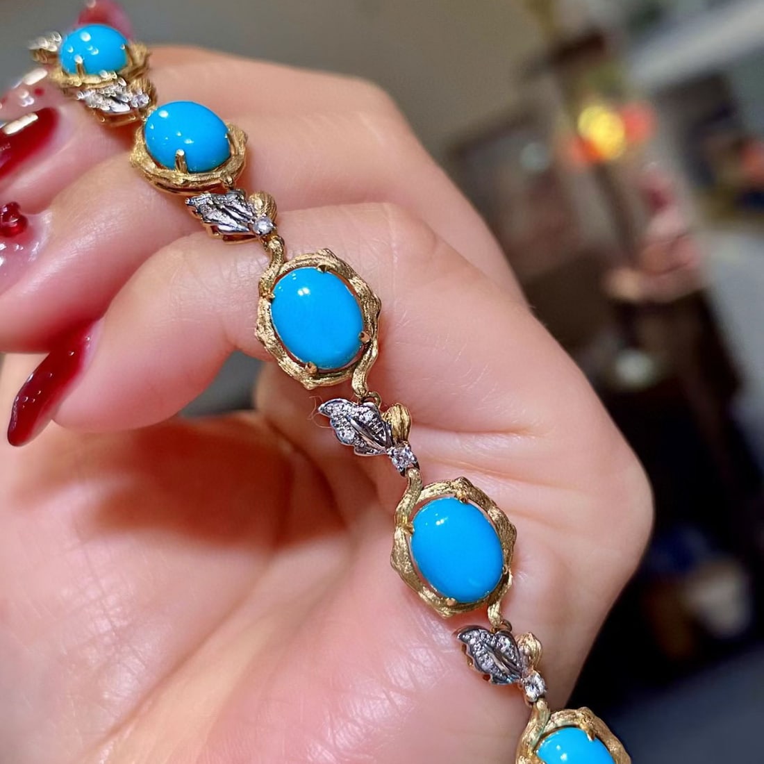 14k Gold 10.64 Ctw Natural Blue Turquoise & Diamond Bracelet - 6