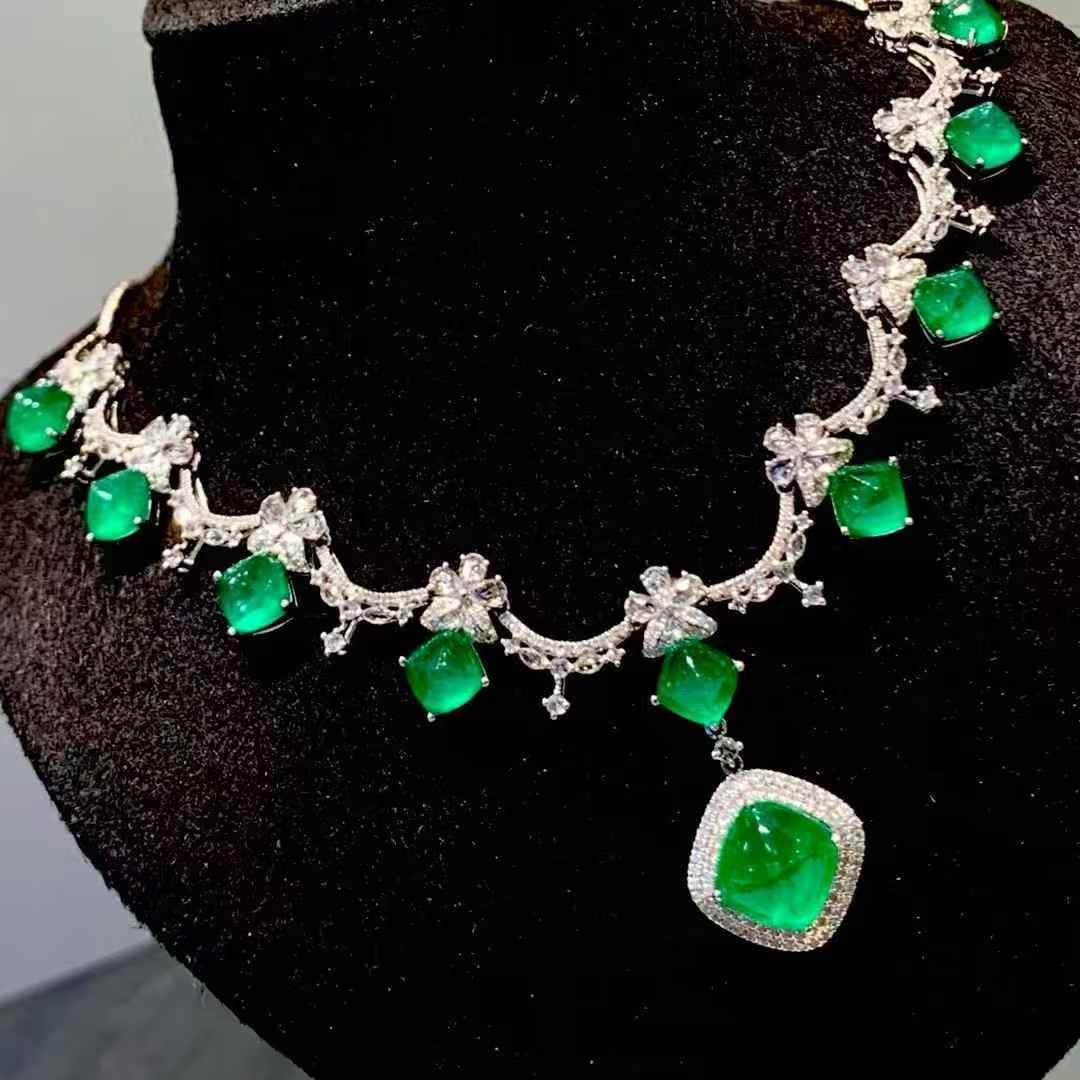 14k Gold 13 Ct Natural Emerald & Diamond Necklace - 5