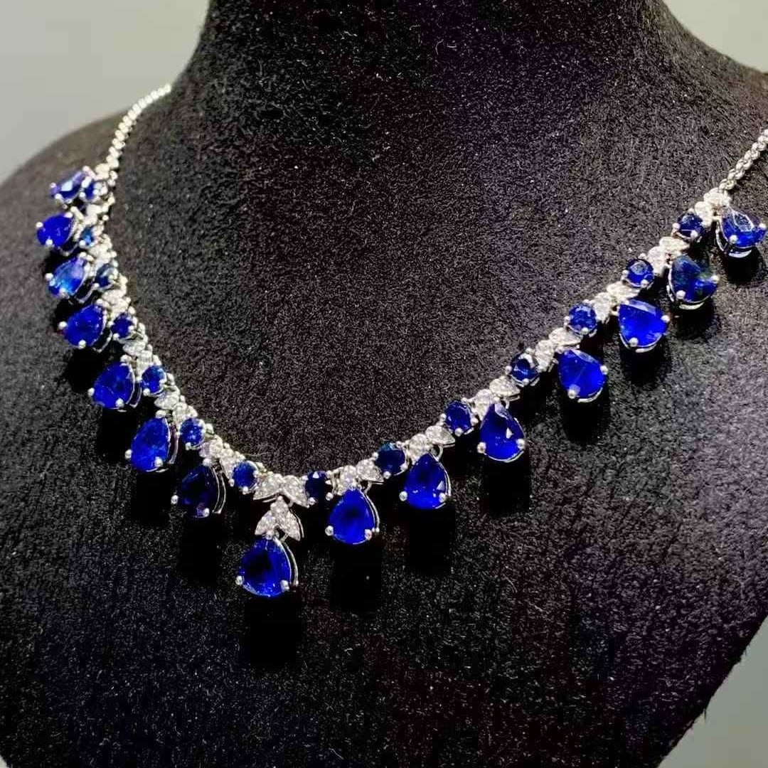 14k Gold 10.02 Ct Natural Sapphire & Diamond Necklace - 2
