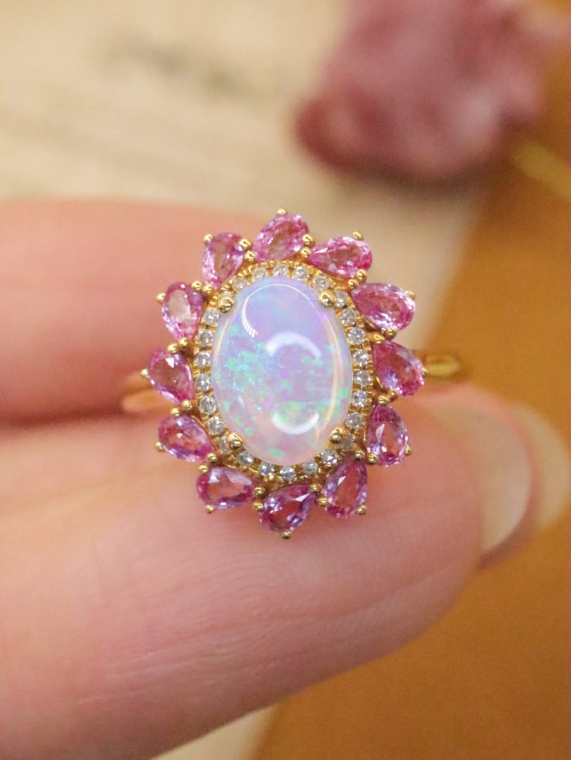 14k Gold 1.47 Ctw Natural Opal & Sapphire Ring (1 of 7)