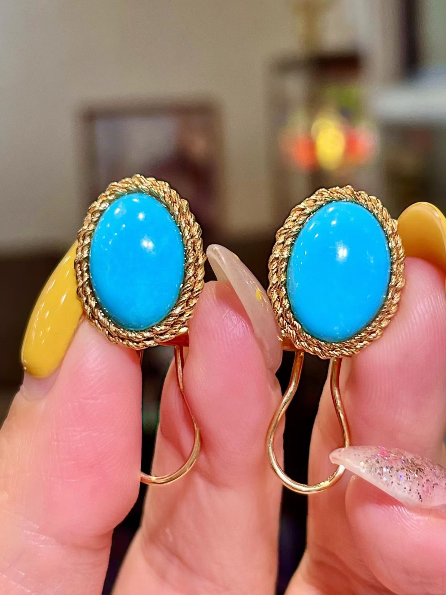 14k Gold 7.83 Ct Natural Blue Turquoise Earrings (1 of 5)