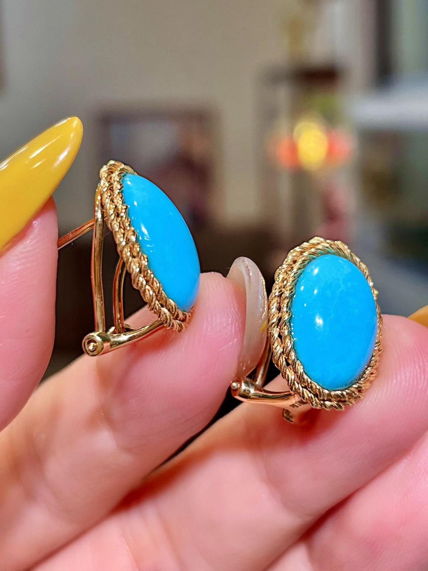 14k Gold 7.83 Ct Natural Blue Turquoise Earrings - 3