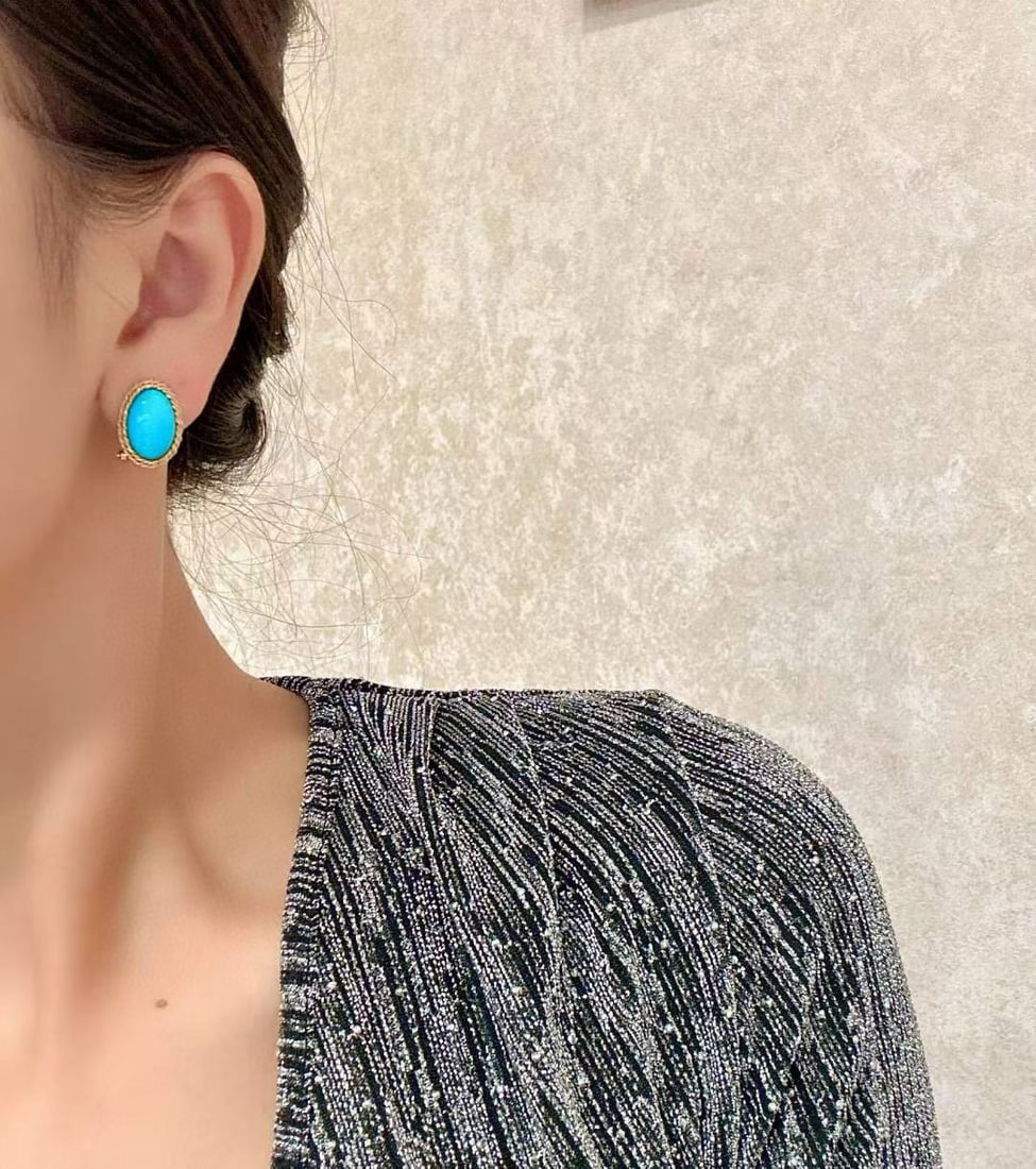 14k Gold 7.83 Ct Natural Blue Turquoise Earrings - 4