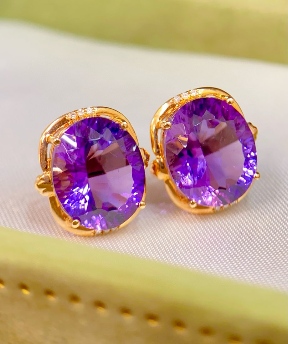 14k Gold 9.13 Ctw Natural Amethyst & Diamond Earrings - 2