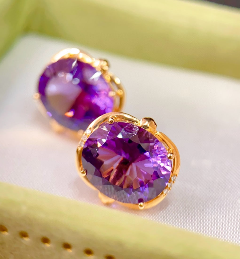 14k Gold 9.13 Ctw Natural Amethyst & Diamond Earrings - 3