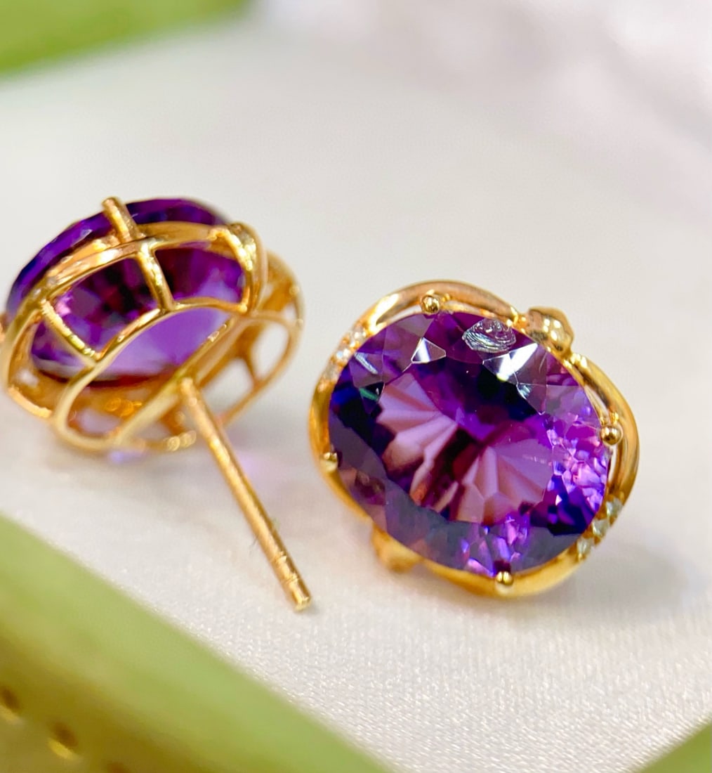 14k Gold 9.13 Ctw Natural Amethyst & Diamond Earrings - 4