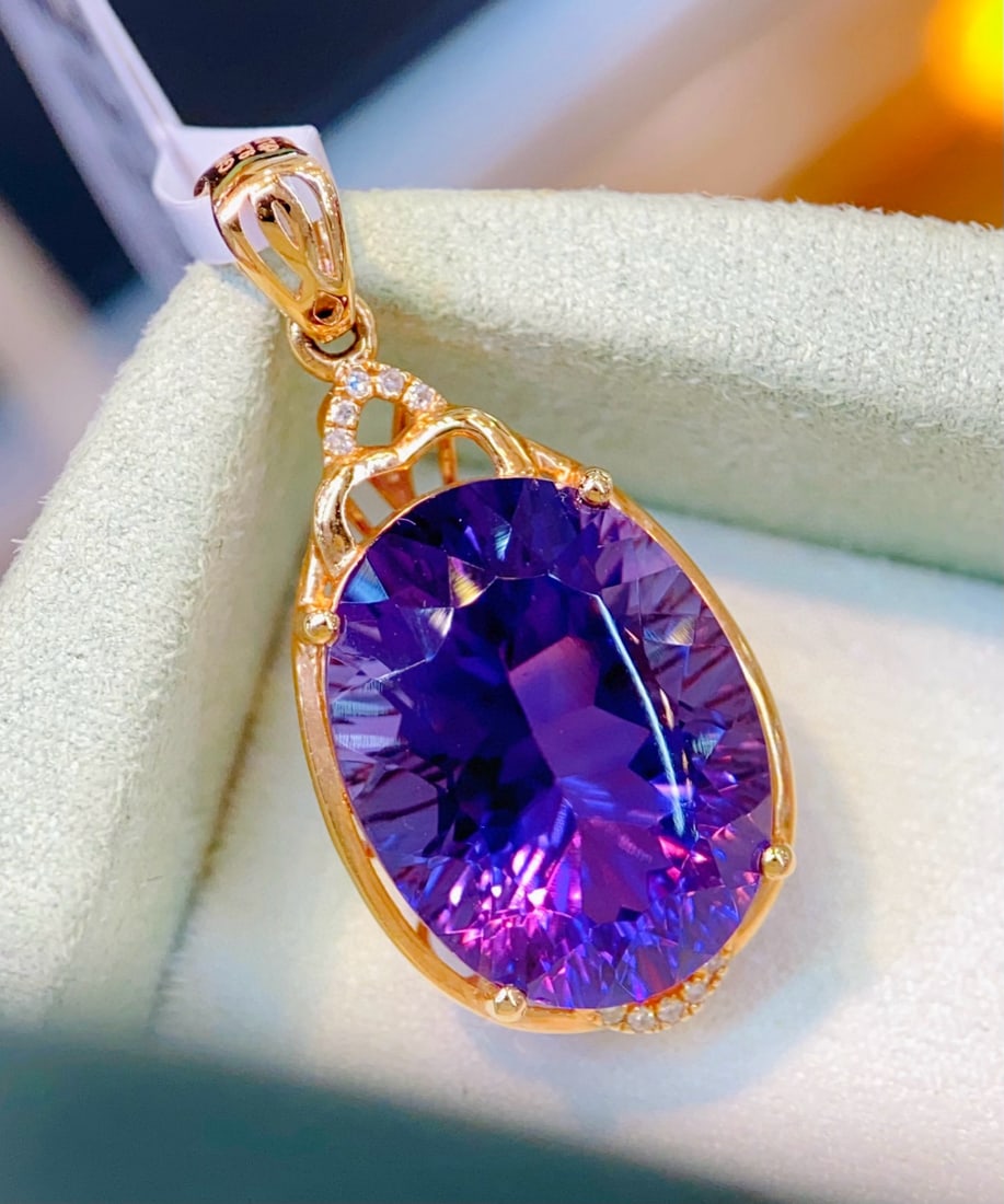 14k Gold 9.38 Ctw Natural Amethyst & Diamond Pendant( Without Chain ) - 3