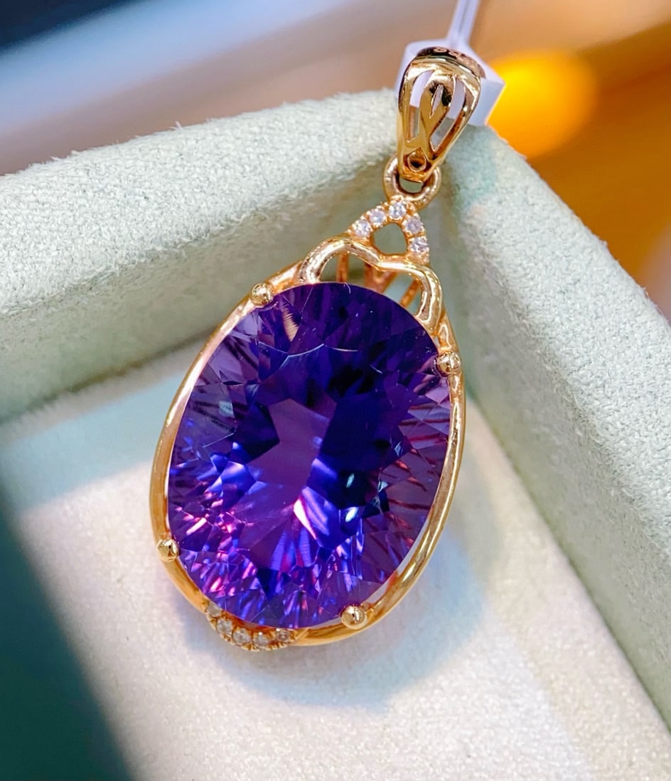 14k Gold 9.38 Ctw Natural Amethyst & Diamond Pendant( Without Chain ) - 4