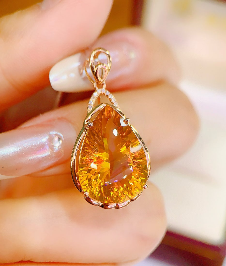 14k Gold 10.73 Ctw Natural Citrine & Diamond Pendant( Without Chain ) - 2