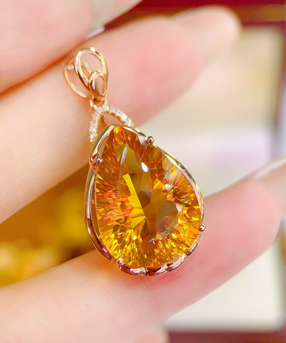 14k Gold 10.73 Ctw Natural Citrine & Diamond Pendant( Without Chain ) - 3