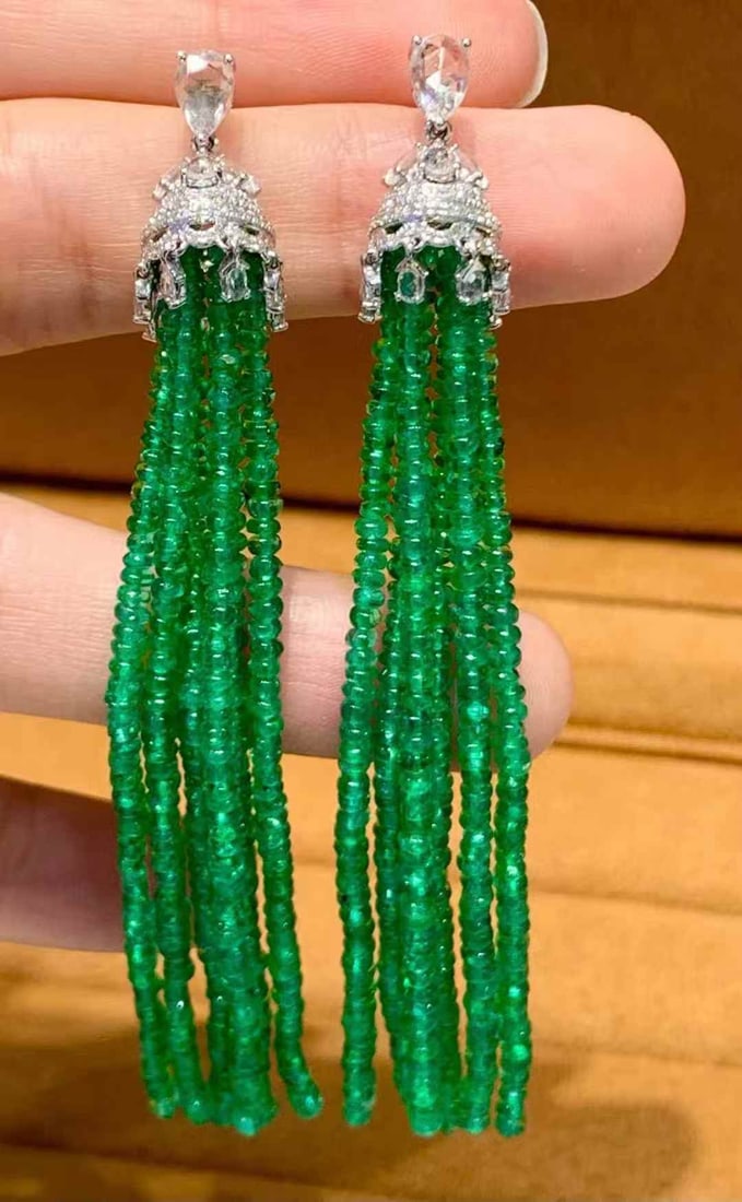 14k Gold 41 Ct Natural Emerald & Diamond Earrings - 2