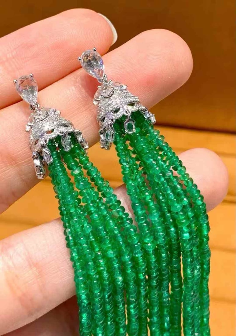 14k Gold 41 Ct Natural Emerald & Diamond Earrings - 3