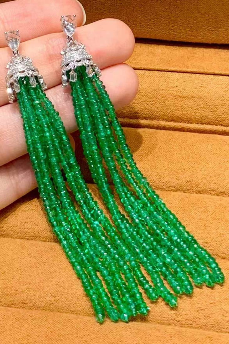 14k Gold 41 Ct Natural Emerald & Diamond Earrings - 5