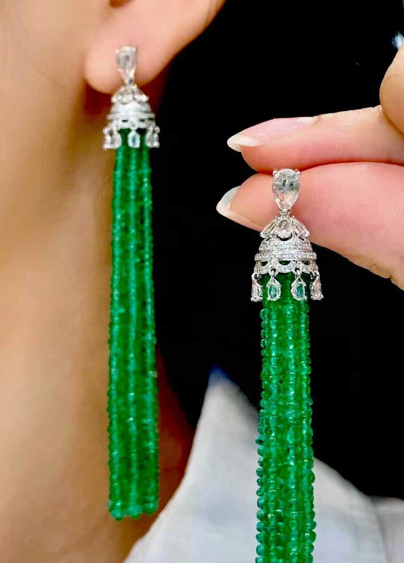 14k Gold 41 Ct Natural Emerald & Diamond Earrings - 6
