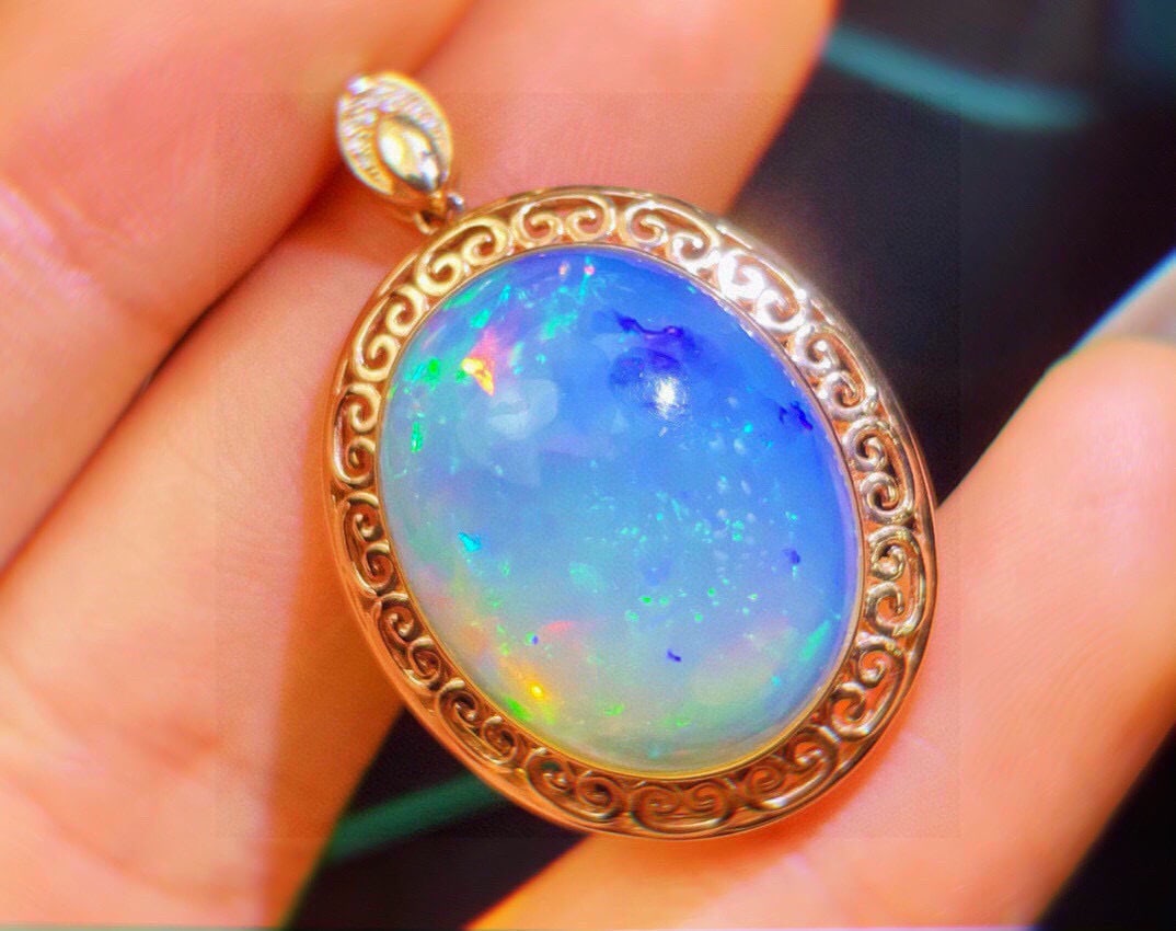 14k Gold 14.23 Ct Natural Opal & Diamond Pendant( Without Chain ) - 2