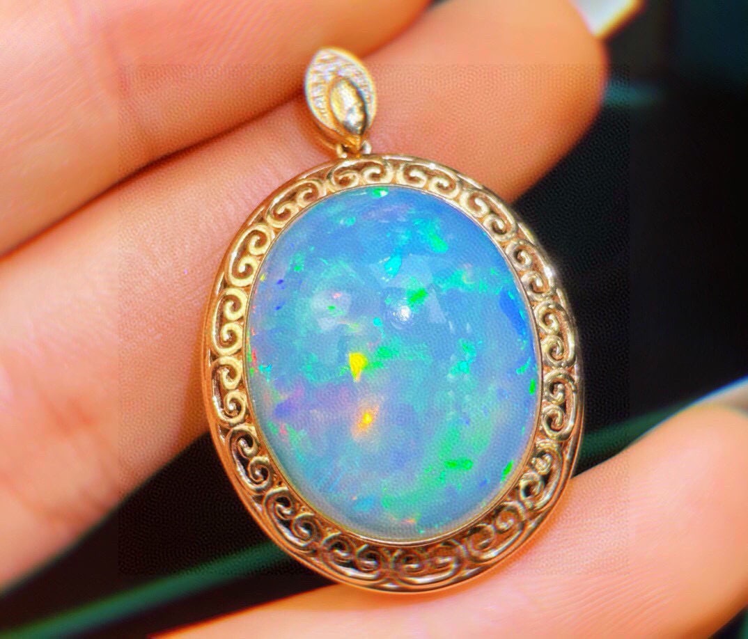 14k Gold 14.23 Ct Natural Opal & Diamond Pendant( Without Chain ) - 3
