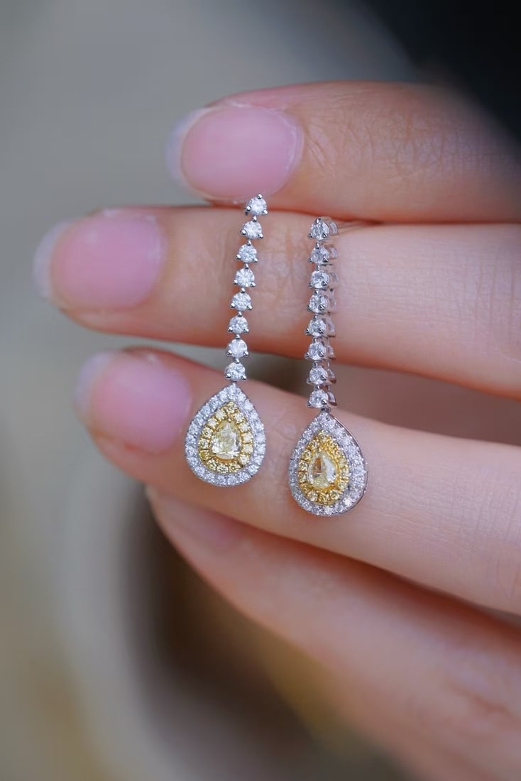 14k Gold 1.00 Ctw Natural Yellow Diamond & Diamond Earrings - 2