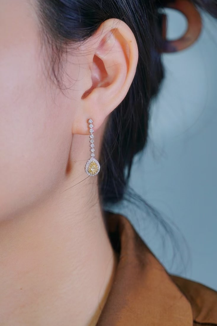 14k Gold 1.00 Ctw Natural Yellow Diamond & Diamond Earrings - 7