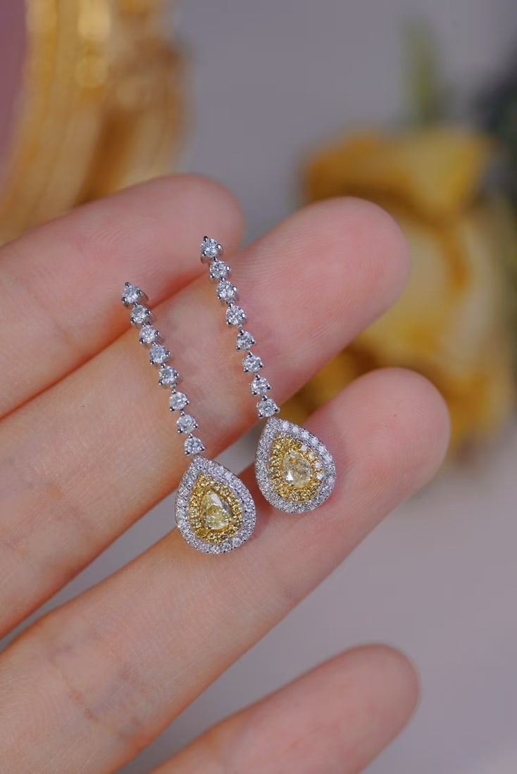 14k Gold 1.00 Ctw Natural Yellow Diamond & Diamond Earrings - 9